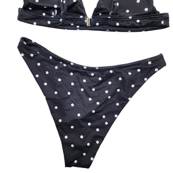 Black White Polka Dot Bikini Set  Adjustable Straps & High-Cut Bottoms Size L - Picture 6 of 7